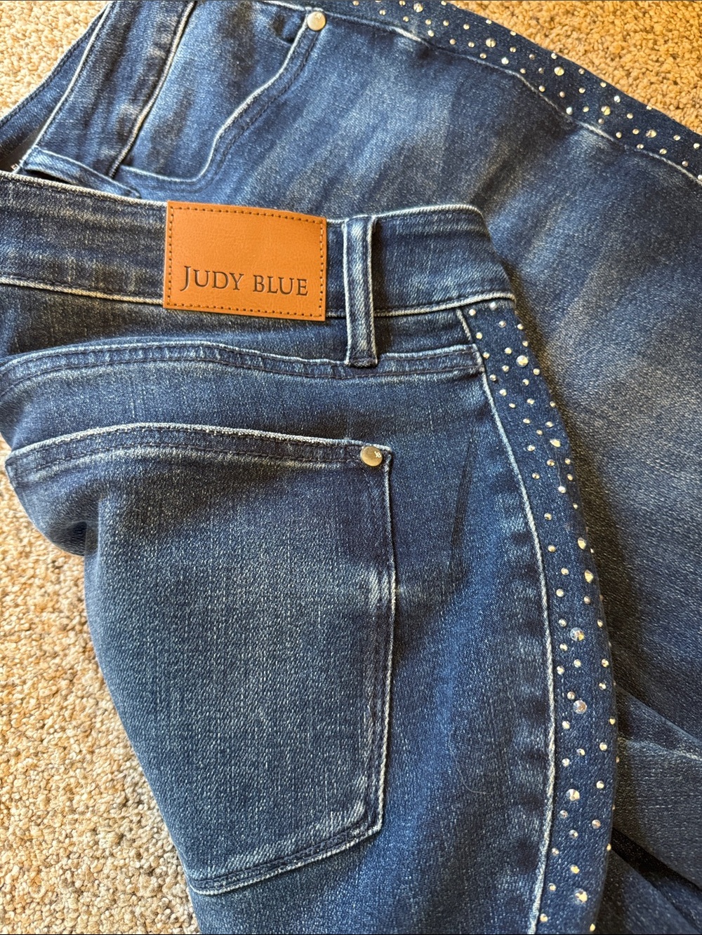 Judy Blue Dark Blue High-Rise Jeans with Rhinestone Side Trim
